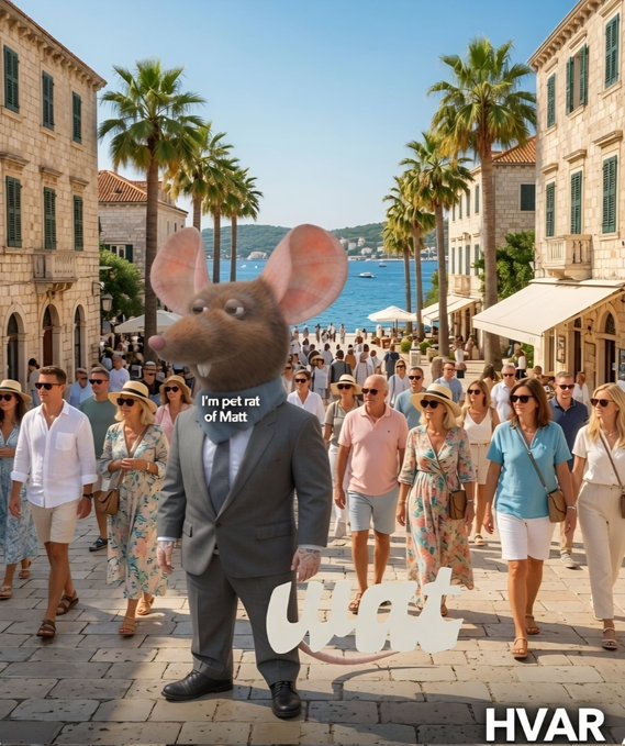 The image features a cartoon rat dressed as a businessman walking down a street with people around him. The caption reads "Hello from Hvar, Croatia New destination - Rat race around the globe! $WAT everywhere! -Dedicated Nightriders -Bro of Matt Furie". This post is related to the rat character because it features a cartoon rat dressed as a businessman walking down a street with people around him. The caption suggests that the rat character might be promoting a business or event, possibly related to Rat Race Around the Globe.
