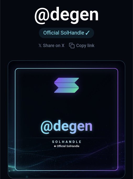A digital graphic displaying '@degen' as an 'Official SolHandle' on Solana blockchain, featuring the Solana logo.