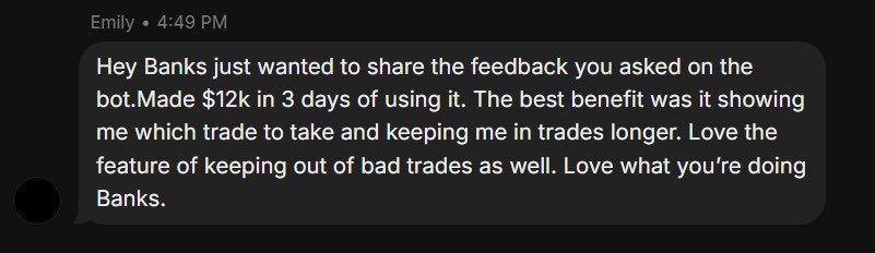 A screenshot of a direct message from "Emily" at 4:49 PM praising "Banks" bot, claiming she made $12k in 3 days by following its trade signals, which aligns with the post's testimonial about a member earning $12,000 in 3 days using the trading bot.