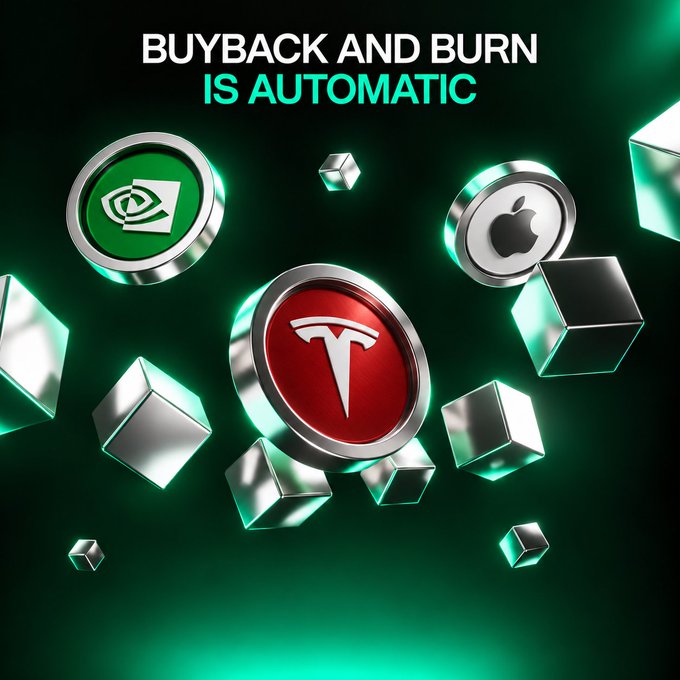 A promotional graphic stating 'BUYBACK AND BURN IS AUTOMATIC' featuring silver coins with the Nvidia, Tesla, and Apple logos surrounded by metallic cubes on a green background.
