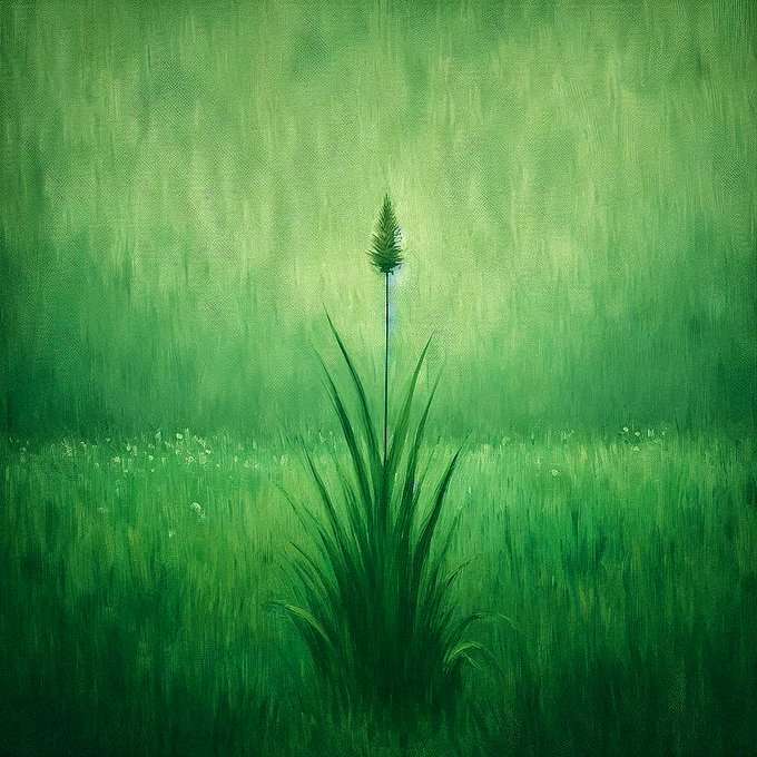 A single tall grass with a feathery seed head stands prominently in a lush green field, its slender leaves arching outward against a vibrant emerald backdrop, embodying the quiet, enduring beauty of summer referenced in the caption promoting the "Green Serenity" NFT available on Tezos.