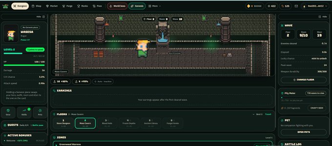 A pixel-art style video game dashboard titled 'ME-ORENJI' showing a level 2 player named 'JAMIERA' in a dungeon setting, with stats for Floor 2, Room 9/10, and Wave 19 visible on the right.