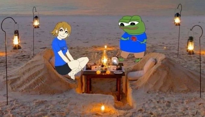 A cartoon-style edit shows a person in a blue shirt and Pepe the Frog sitting in a beach sand pit around a candlelit table, with lanterns hanging nearby—matching the relaxed "gm ct, happy sunday." vibe of a chill crypto community morning greeting.