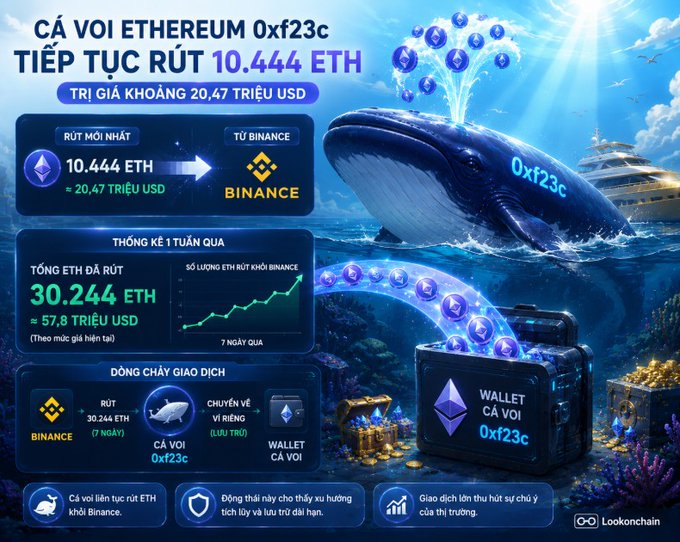 An infographic in Vietnamese about an Ethereum whale (CÁ VOI ETHEREUM 0xf23c) withdrawing 10.444 ETH from Binance, featuring illustrations of a whale, treasure chests, and a yacht, with the Lookonchain logo in the corner.