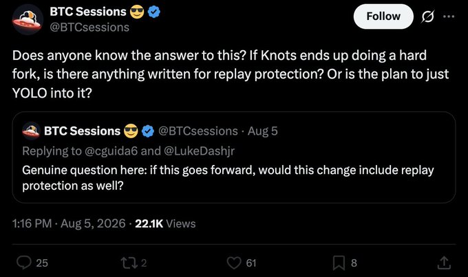 A tweet from 'BTC Sessions @BTCsessions' asks, 'Does anyone know the answer to this? If Knots ends up doing a hard fork, is there anything written for replay protection? Or is the plan to just YOLO into it?' quoting a previous reply about replay protection.