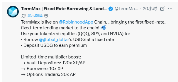 A screenshot of a Twitter/X update from TermMax | Fixed Rate Borrowing & Lending (@TermMa...) announcing TermMax's live status on @RobinhoodApp Chain for fixed-rate, fixed-term lending using tokenized equities like QQQ, SPY, and NVDA, including a limited-time multiplier boost.
