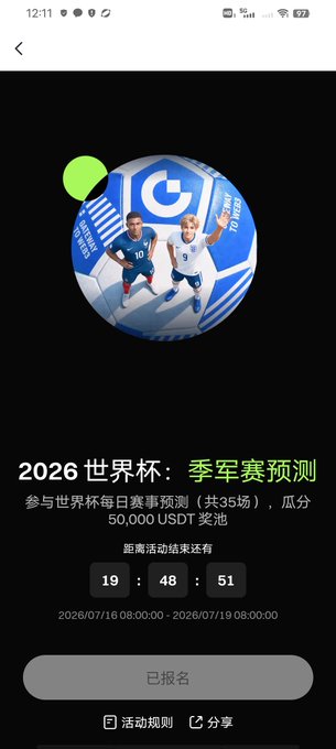 Gate.io app screen for a 2026 World Cup third-place match prediction event with a 50,000 USDT prize pool, showing countdown timer at 19:48:51 and event dates 2026/07/16-07/18.