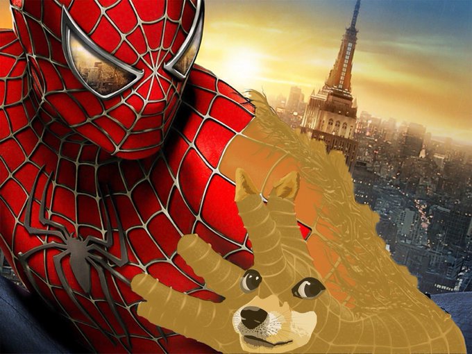 A composite image featuring a close-up of Spider-Man in his red suit alongside a cartoon corgi dog superimposed over a sunset view of a city skyline.