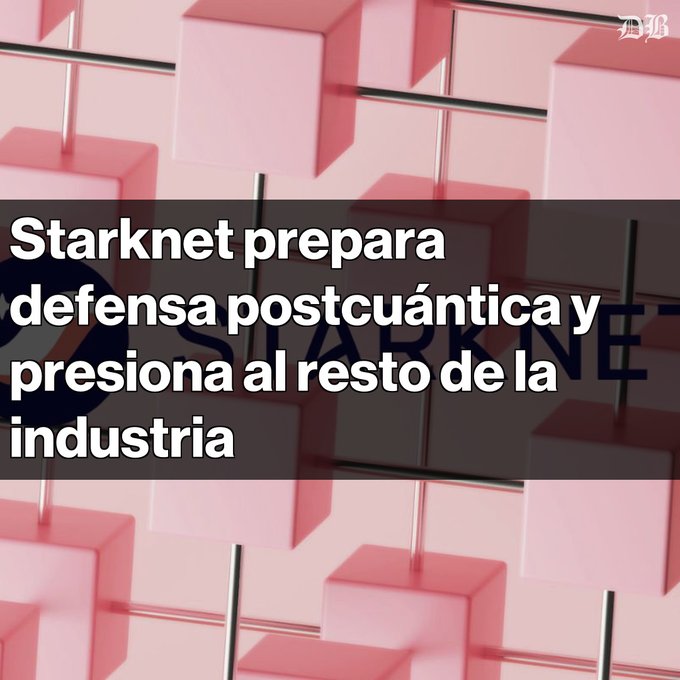 A pink 3D graphic with the text 'Starknet prepara defensa postcuántica y presiona al resto de la industria' overlaid on pink cubes with the Starknet logo.