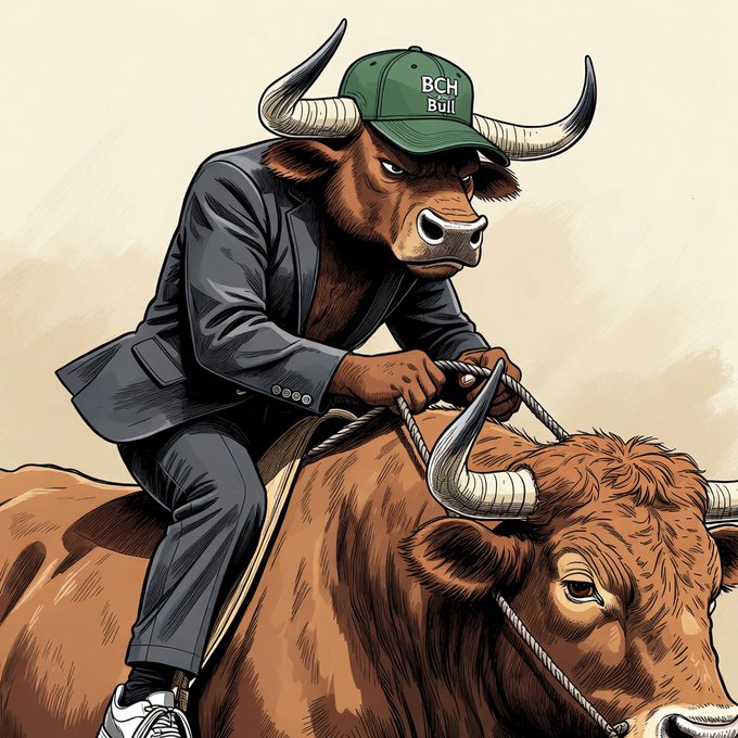 An illustrated artwork depicting an anthropomorphic bull wearing a gray suit jacket and a green 'BCH Bull' cap, riding on the back of another brown bull with a rope.