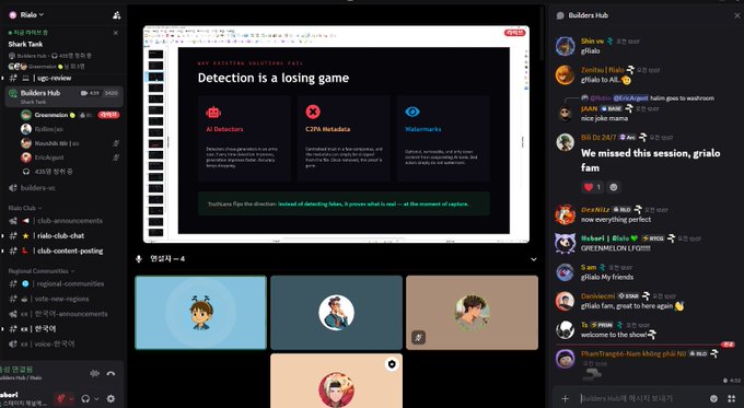 The image shows a Slack channel interface for the "Builders Hub," with a shared presentation titled "Detection is a losing game" detailing three solutions—AI Detectors, C2PA Metadata, and Watermarks—accompanied by a comment about "Push the flip the direction: Instead of detecting fake, & prove what is real – at the moment of capture."