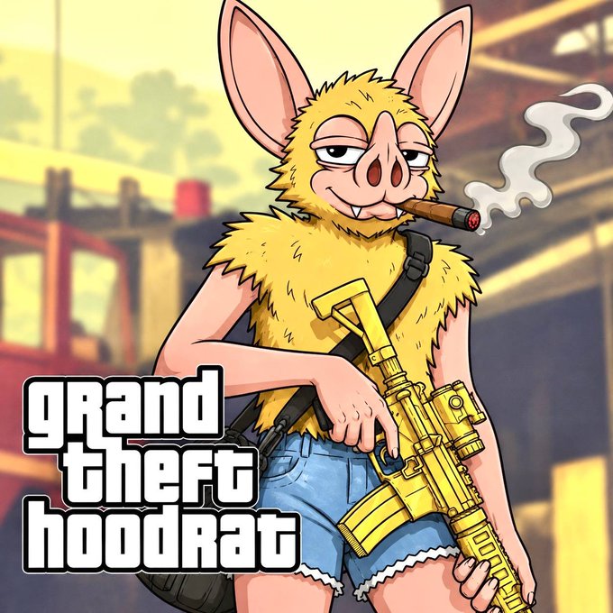 A cartoon anthropomorphic rat in fur and denim holds a gold rifle and smokes a cigar, parodying *Grand Theft Auto*. The visible text reads “grand theft hoodrat,” turning the post’s phrase into a mock game title.