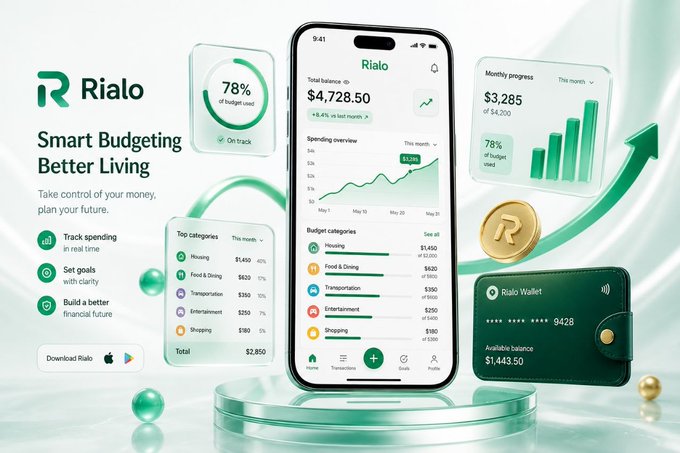 A promotional graphic for the 'Rialo' budgeting app with the tagline 'Smart Budgeting Better Living,' featuring app interface previews, spending categories, and a digital wallet.