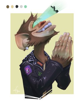An illustration of a brown furry character with hands clasped in prayer, wearing a black studded leather jacket with a cannabis leaf design, while a glowing beam shines from their head.