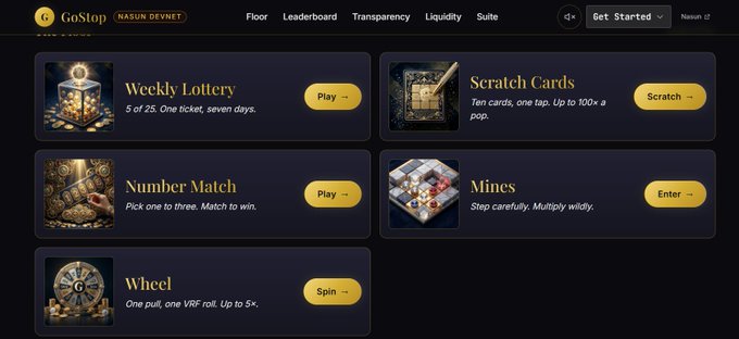 A screenshot of the "GoStop" gaming platform showing various games like Weekly Lottery, Scratch Cards, Number Match, Mines, and Wheel.
