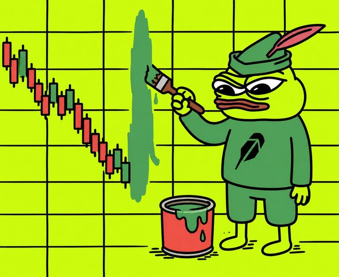 A Pepe-style cartoon duck wearing a green outfit paints over a red descending candlestick chart with green paint, symbolizing an attempt to "paint over" bearish price action. The image relates to the post by visually representing the hope of covering a dip at a 100k market cap to reach a 10x, with the green paint covering red candles mirroring the bullish sentiment for $PENPE despite the downward chart.