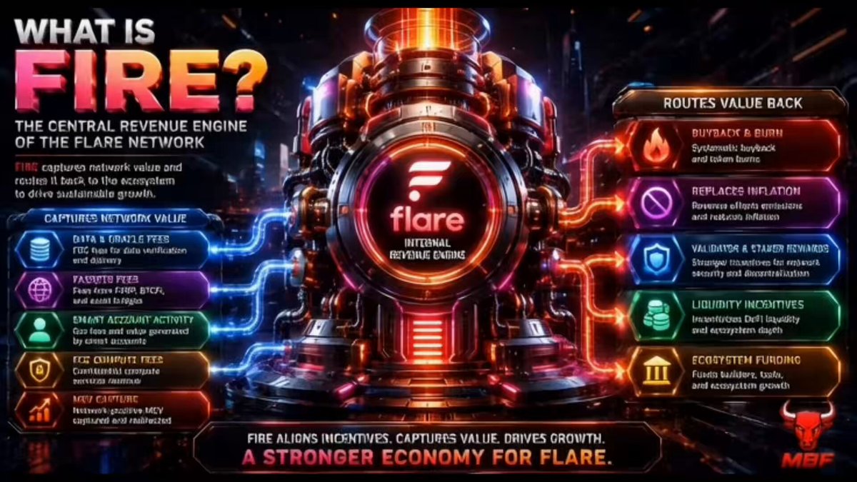 The image features a poster that says "What is FIRE?" and includes information about XRPFi, a cryptocurrency named after the fire symbol, and Fire FIP.16, a new network that could potentially reshape the Flare Network tokenomics with real DeFi revenue growth. The poster also displays various colorful logos and illustrations related to the topic of cryptocurrency or blockchain technology. It encourages viewers to learn more about the subject matter by watching this video.