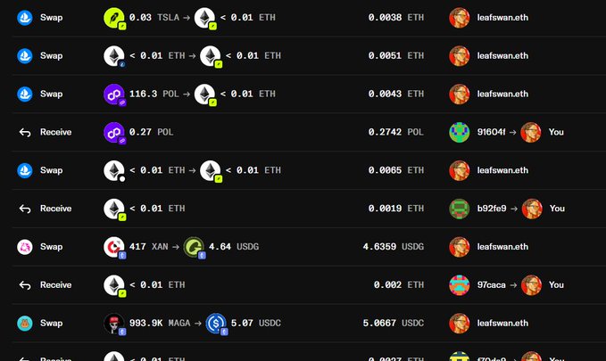 A transaction history log showing various cryptocurrency swaps and receives involving tokens like TSLA, ETH, POL, XAN, USDG, NAGA, and USDC, with addresses including 'leafswan.eth'.