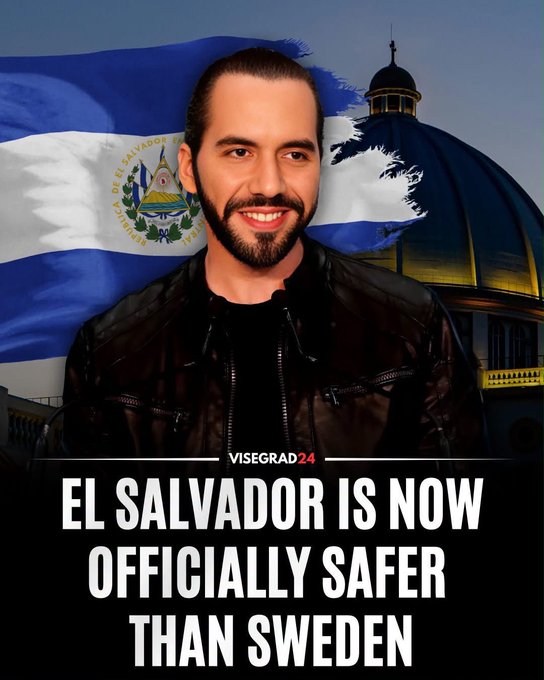 A digitally edited image features a smiling man in a black leather jacket superimposed in front of the Salvadoran flag and a domed building, with the headline "EL SALVADOR IS NOW OFFICIALLY SAFER THAN SWEDEN" and the Visegrad24 logo, visually reinforcing the post's claim.