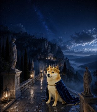A Shiba Inu dog wearing a golden crown and a blue cape sits on a stone pathway lined with statues and lanterns under a starry night sky.