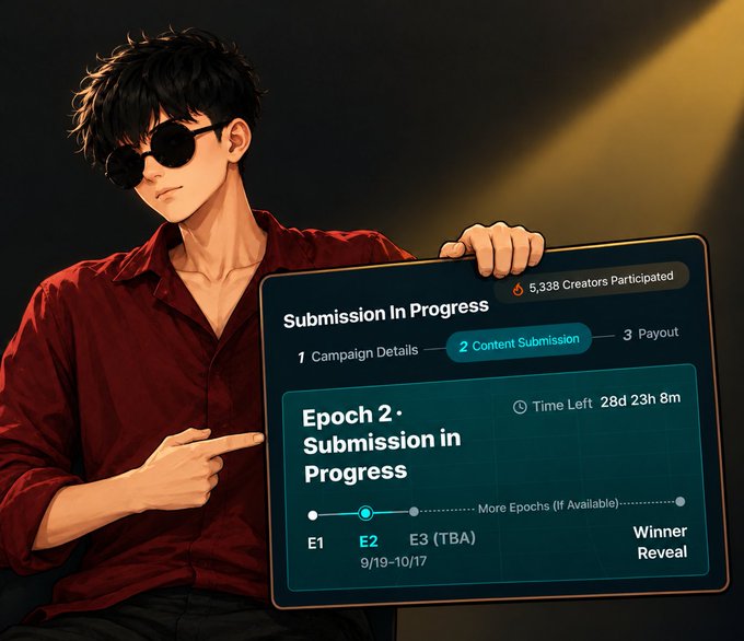 An anime-style illustration of a young man in a red shirt and sunglasses pointing to a digital interface showing 'Submission In Progress' for 'Epoch 2' with '5,338 Creators Participated'.