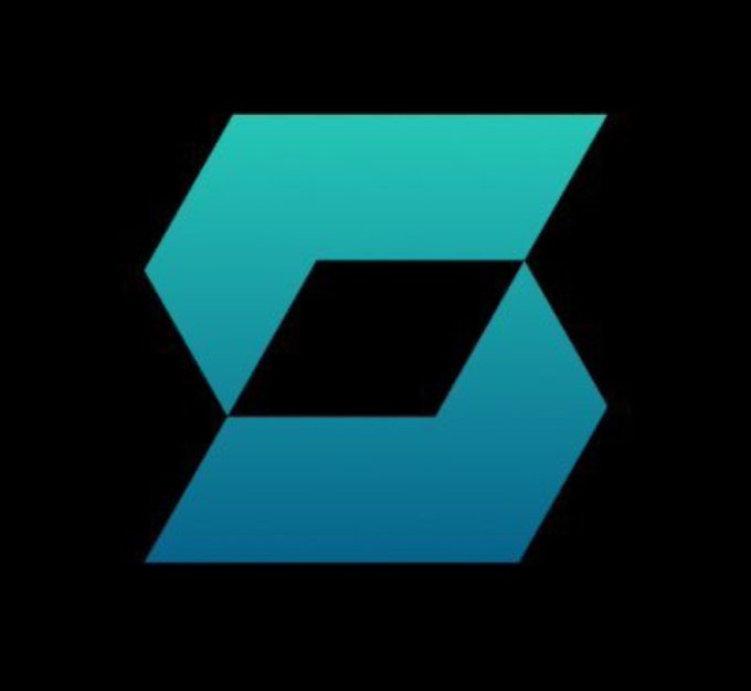 A teal and blue stylized 'S' or geometric cube logo on a black background.