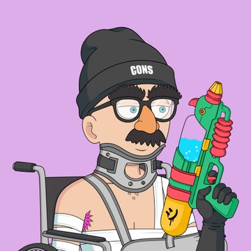 A digital cartoon illustration of a man with glasses, a mustache, and a neck brace, wearing a beanie with the text 'GONS' and holding a colorful water gun against a purple background.