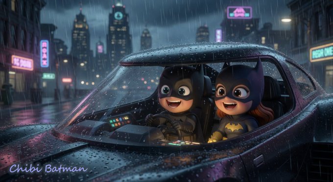 In this image, two cartoon characters are sitting inside a car driving through a city at night with rain falling. The scene appears to be from a movie or TV show featuring the characters. The main character has a bat mask on while the other is wearing a cat mask. They seem to be enjoying their time together in the car as they drive around the city, possibly exploring and having fun despite the rainy weather.