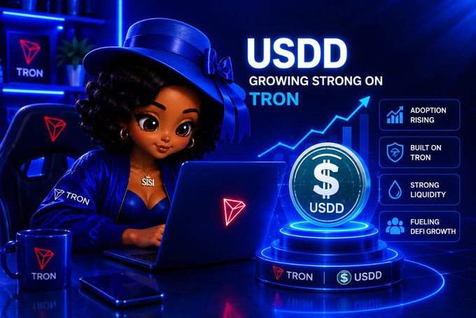 A promotional graphic for USDD cryptocurrency "Growing Strong on TRON" featuring a stylized 3D-rendered Black woman with a blue hat working on a laptop, alongside features listed: Adoption Rising, Built on TRON, Strong Liquidity, and Fueling DeFi Growth.