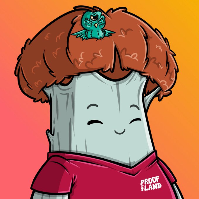 A digital illustration of a cartoon character with fluffy brown hair, a teal bird on their head, wearing a t-shirt and red pants with 'PROOF OF LAND' text.