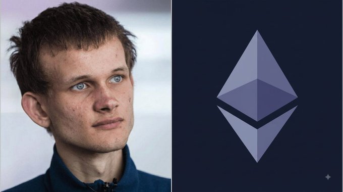 A split image showing a portrait of Vitalik Buterin on the left and the Ethereum (ETH) cryptocurrency logo on the right against a dark blue background.