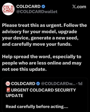 A screenshot of a tweet from verified COLDCARD (@COLDCARDwallet) advises users to urgently upgrade their device, generate a new seed, and move funds, following an "URGENT COLDCARD SECURITY UPDATE" notice. The image relates to the accompanying post about escalating security concerns, as it shows the official manufacturer warning users about potential wallet vulnerabilities that have reportedly led to $71 million in Bitcoin losses.