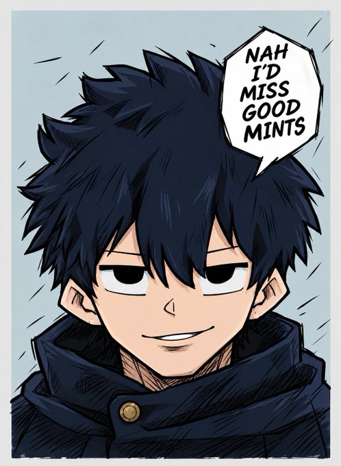 An anime-style illustration of a young man with spiky dark blue hair and half-closed eyes, wearing a dark blue hooded jacket, with a speech bubble reading 'NAH I'D MISS GOOD MINTS'.