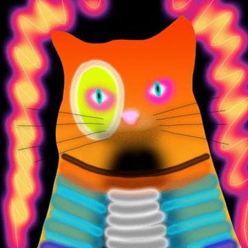 A vibrant digital illustration of an orange cat with mismatched, colorful eyes set against a psychedelic background with bright yellow, pink, and orange wavy patterns.