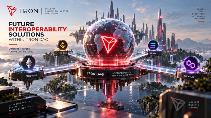A promotional graphic for 'TRON' titled 'FUTURE INTEROPERABILITY SOLUTIONS WITHIN TRON DAO,' depicting interconnected blockchain networks including Ethereum, BNB Chain, Solana, and Polygon.