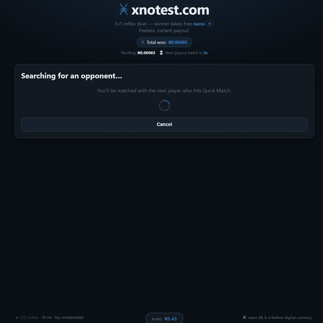 The image shows a screenshot of an online game called "XNoTest" with a focus on the "Search for an opponent..." section, which appears to be a beta version of the game. The game's title suggests that players are searching for opponents in a virtual match. The game is described as a "speed-based" game where players compete against each other to win free coins or tokens by completing tasks and challenges within a limited time frame. The post about the game emphasizes the importance of speed, stating that "Winning at this game requires speed."