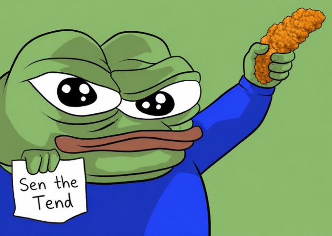 A cartoon Pepe the Frog character wearing a blue shirt holds up a fried chicken tender in one hand and a sign reading "Sen the Tend" in the other.