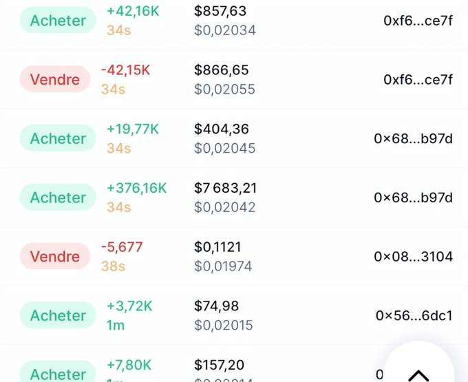 A screenshot of a cryptocurrency trading interface in French showing buy ('Acheter') and sell ('Vendre') orders with amounts, prices in dollars, and wallet addresses.