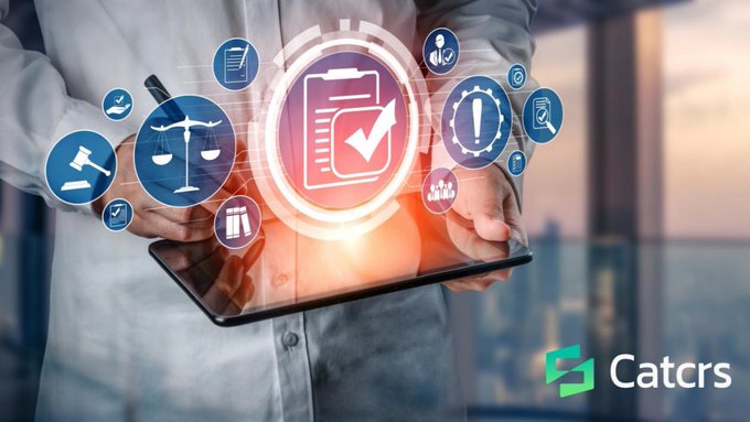 The image shows a person in a light blue shirt holding a tablet from which various legal and compliance-themed icons—including scales of justice, a clipboard with checkmarks, gavel, shield, and group figures—emerge in a glowing display. The "Catcrs" logo appears in the bottom right corner, visually reinforcing the post's theme of reviewing Catcrs's VASP registration in Poland and its clear service boundaries for safer, more trustworthy transactions.