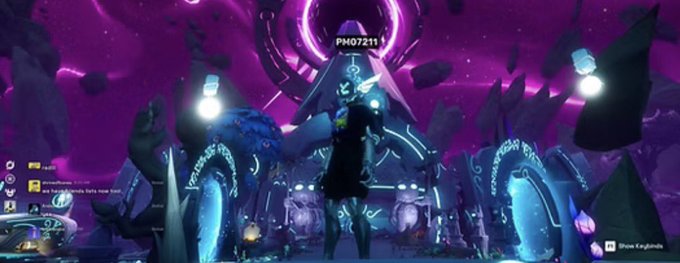 A screenshot from a video game featuring a character standing before a large mystical gateway or portal structure against a vibrant purple cosmic background, with a timer 'PM0721' displayed at the top and a 'Show Keybinds' prompt in the bottom right.