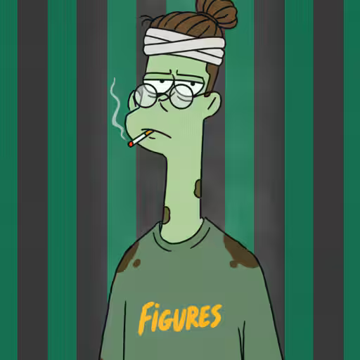 A cartoon character with green skin, a bandaged head, glasses, a cigarette, and a stained shirt bearing the word 'FIGURES'.