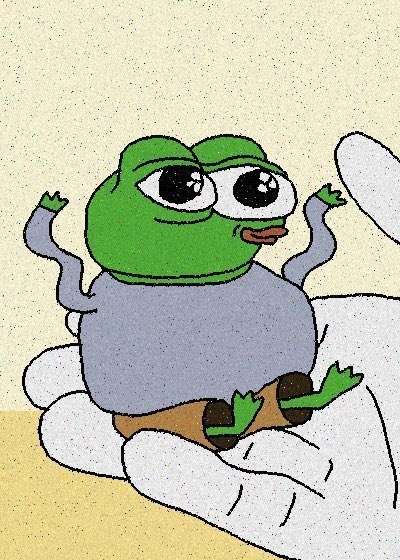 A cartoon-style drawing of a chubby green frog character wearing a gray shirt, sitting on white clouds with large expressive eyes and arms raised.