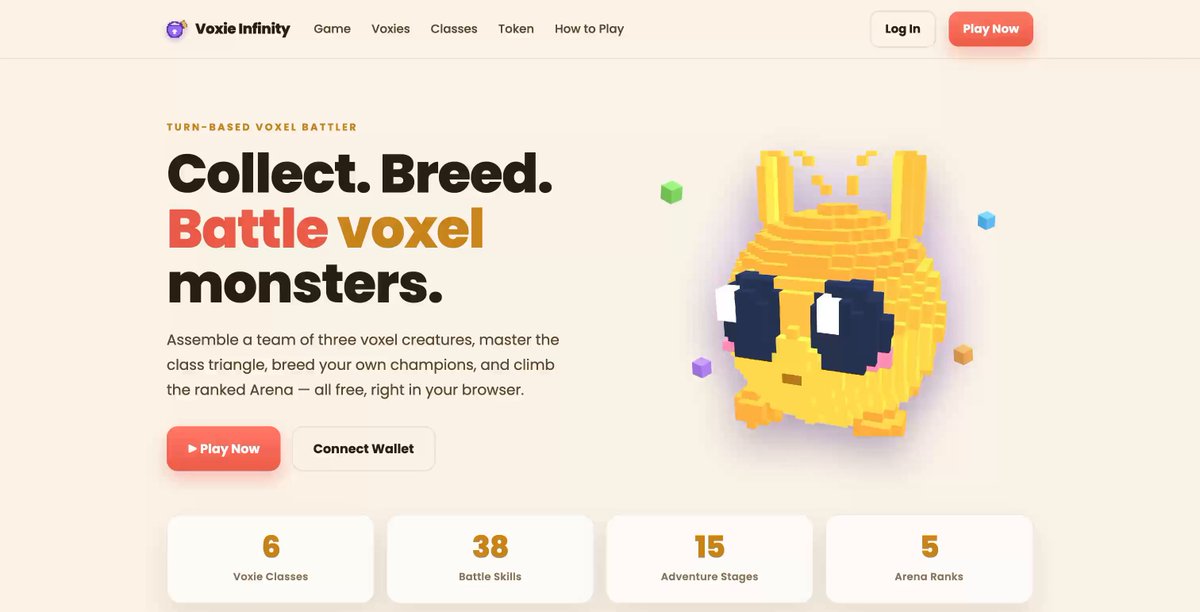 The image shows a screenshot of a game website called Voxie Infinity, which focuses on breeding, battleting, and collecting virtual monsters within a pixel-based world known as Solana. The website offers users various features such as a player's dashboard, a list of available games, and an early gameplay experience to test their strategies in this virtual environment.