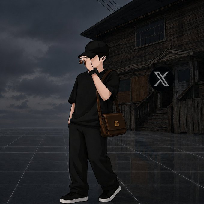 An anime-style character in all-black attire with a cap and brown messenger bag stands before a dark wooden building featuring an "X" logo, under a moody night sky — capturing the "goodnight frens" vibe of the post with its shadowy, end-of-day atmosphere.