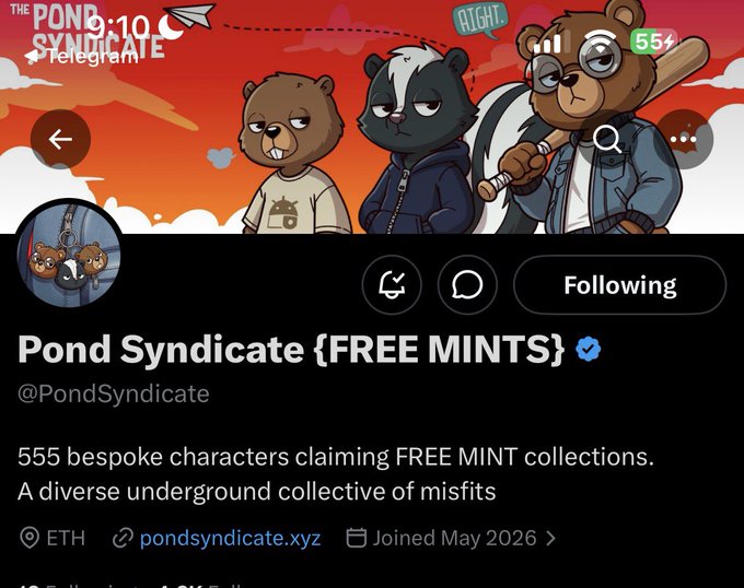 The image features three cartoon bears standing next to each other, with one bear wearing a blue jacket and holding a baseball bat. The background of the image has an orange gradient color scheme. In the bottom right corner of the image, there's a Twitter handle "@PondSyndicate" followed by a list of mints that are free for anyone to claim.