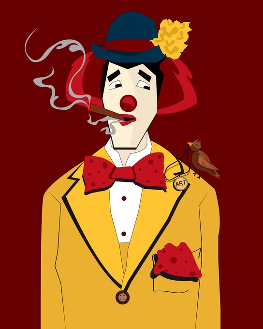 A cartoon illustration of a man in a yellow suit with a blue bowler hat, smoking a cigar, wearing a red bow tie and pocket square, with a sad clown-like expression and a small brown bird on his lapel labeled "ART".