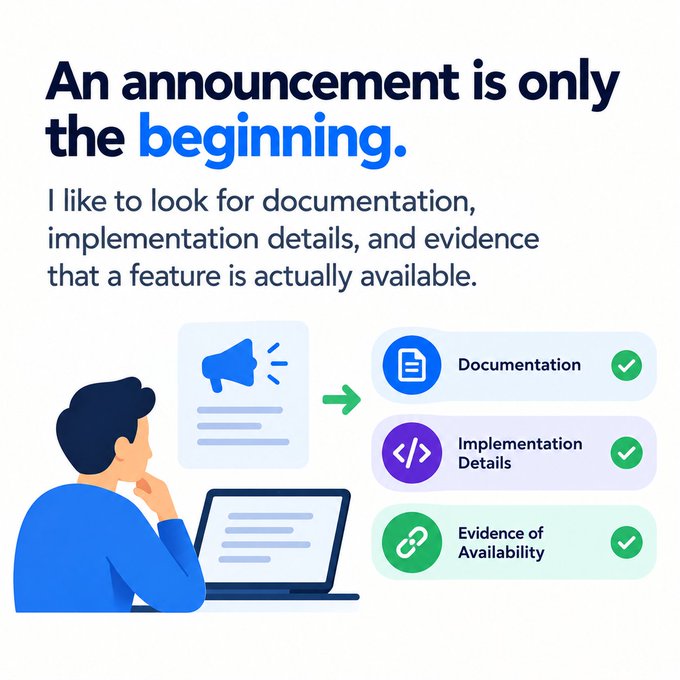 An informational graphic displays the headline 'An announcement is only the beginning' with text explaining 'I like to look for documentation, implementation details, and evidence that a feature is actually available,' alongside illustrations of a person at a laptop and three checklist items marked complete.