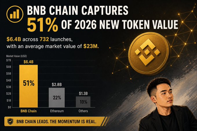 An infographic claims 'BNB CHAIN CAPTURES 51% OF 2026 NEW TOKEN VALUE,' showing $6.4B across 732 launches versus $2.8B for Ethereum, with an image of Binance's Changpeng Zhao (CZ) and the tagline 'BNB CHAIN LEADS. THE MOMENTUM IS REAL.'