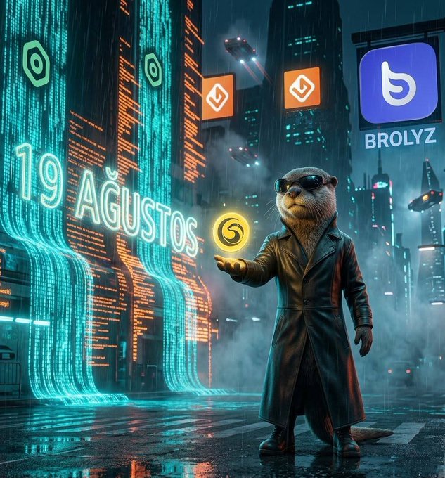 A cyberpunk otter in a leather coat and sunglasses holding a glowing coin in a neon cityscape, with text '19 AĞUSTOS' and a 'BROLYZ' logo.