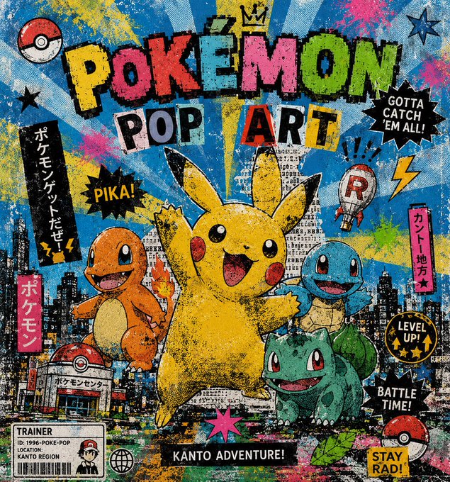 A vibrant pop art-style poster featuring Pikachu, Charmander, Squirtle, and Bulbasaur with text including 'POKEMON POP ART', 'GOTTA CATCH 'EM ALL!', 'PIKA!', 'LEVEL UP!', and 'KANTO ADVENTURE!'.